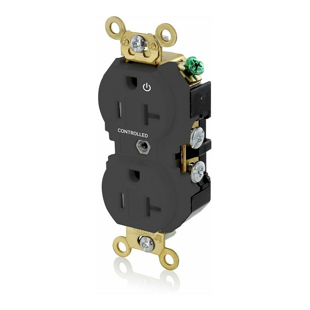 5362-1PE Duplex Extra Heavy Duty Self-Grounding Tamper Resistant Straight Blade Receptacle With 1 Plug Controlled Markings, 125 V AC, 20 A, 2 Poles, 3 Wires, Black