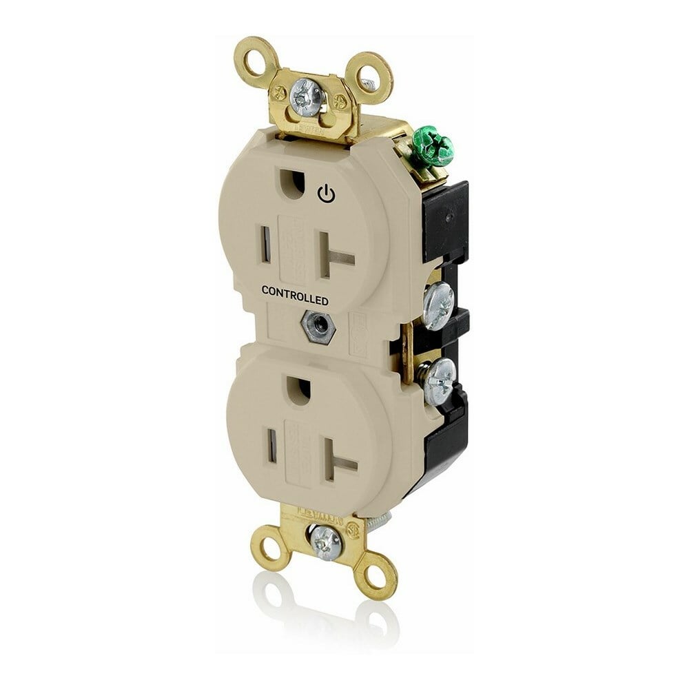 5362-1PI Duplex Extra Heavy Duty Self-Grounding Tamper Resistant Straight Blade Receptacle With 1 Plug Controlled Markings, 125 V AC, 20 A, 2 Poles, 3 Wires, Ivory