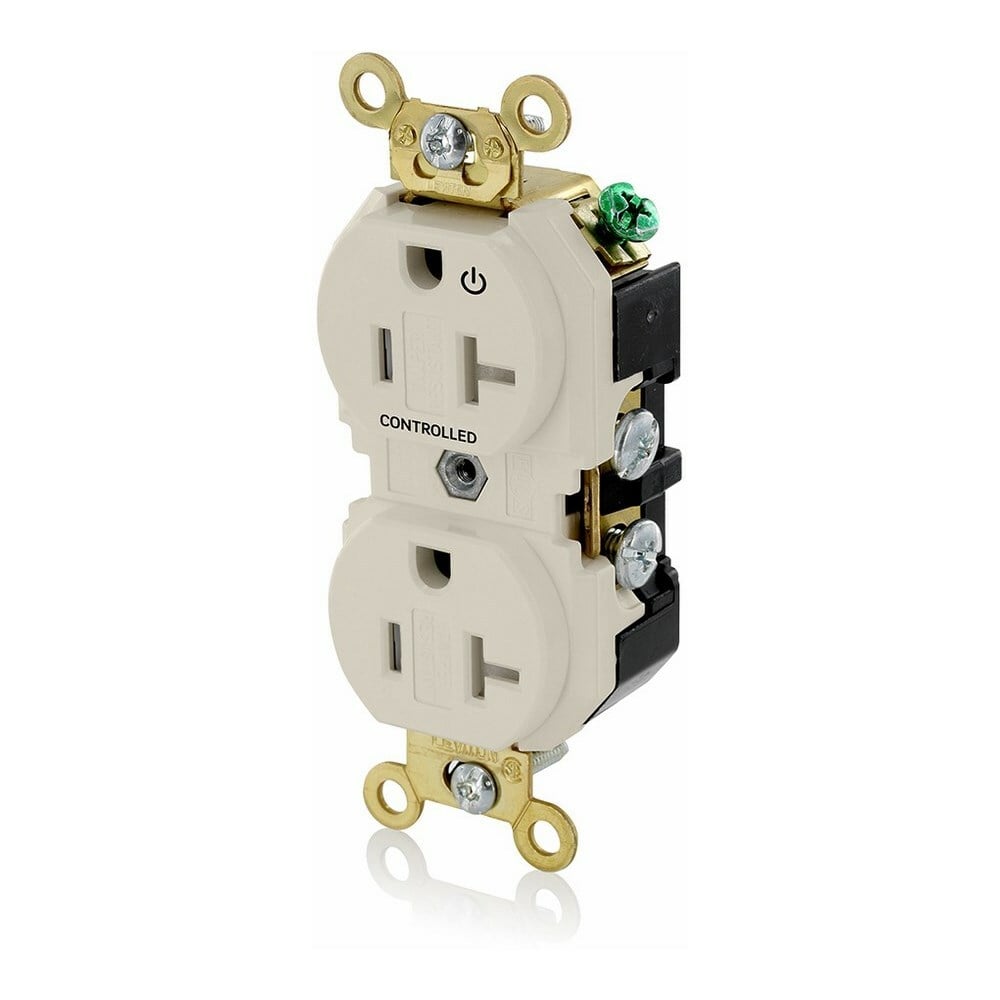 5362-1PT Duplex Extra Heavy Duty Self-Grounding Tamper Resistant Straight Blade Receptacle With 1 Plug Controlled Markings, 125 V AC, 20 A, 2 Poles, 3 Wires, Light Almond