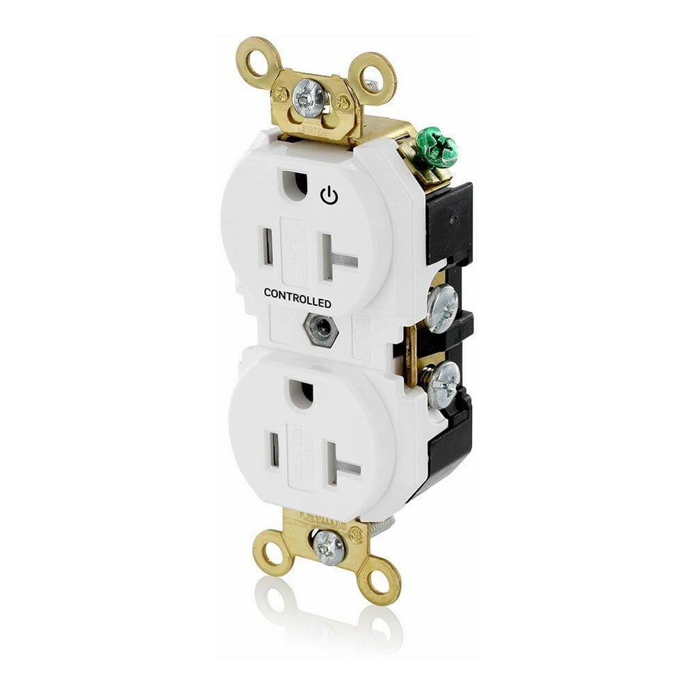 5362-1PW Duplex Extra Heavy Duty Self-Grounding Tamper Resistant Straight Blade Receptacle With 1 Plug Controlled Markings, 125 V AC, 20 A, 2 Poles, 3 Wires, White