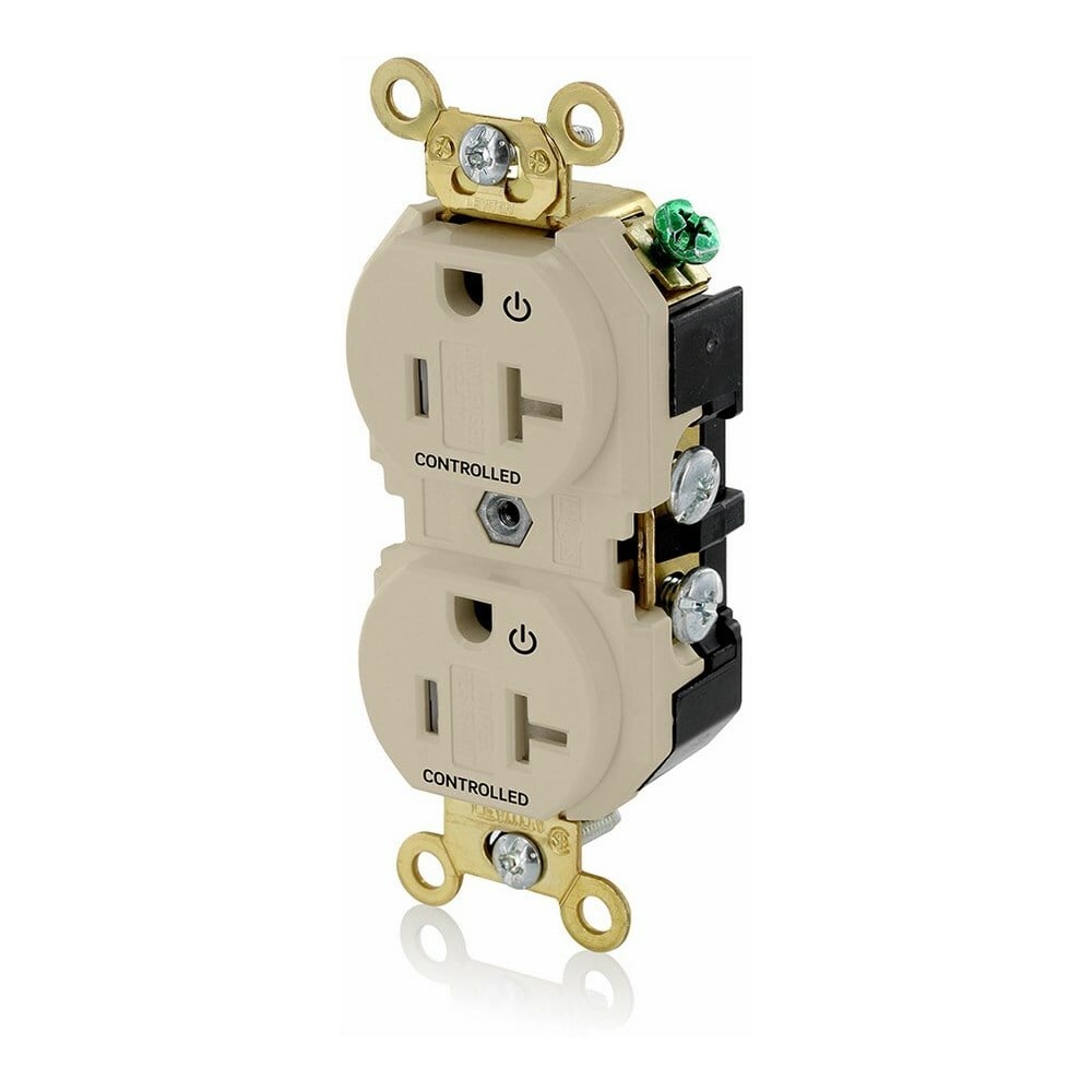 5362-2PI Extra Heavy Duty Self Grounding Tamper Resistant Straight Blade Duplex Receptacle With 2 Plug Controlled Markings, 125 V AC, 20 A, 2 Poles, 3 Wires, Ivory