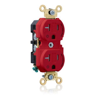 5362-2PR Extra Heavy Duty Self Grounding Tamper Resistant Straight Blade Duplex Receptacle With 2 Plug Controlled Markings, 125 V AC, 20 A, 2 Poles, 3 Wires, Red