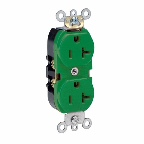 5362-GNS Heavy Duty Grounding Narrow Body Straight Blade Duplex Receptacle, 125 V AC, 20 A, 2 Poles, 3 Wires, Green