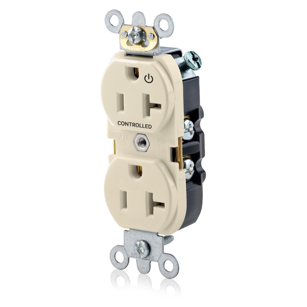 5362-S1T Heavy Duty Narrow Body Straight Blade Duplex Receptacle With 1 Plug Controlled Markings, 125 V AC, 20 A, 2 Poles, 3 Wires, Light Almond