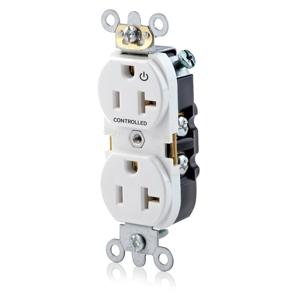 5362-S1W Controlled Heavy Duty Narrow Body Straight Blade Duplex Receptacle With 1 Plug Controlled Marking, 125 V AC, 20 A, 2 Poles, 3 Wires, White
