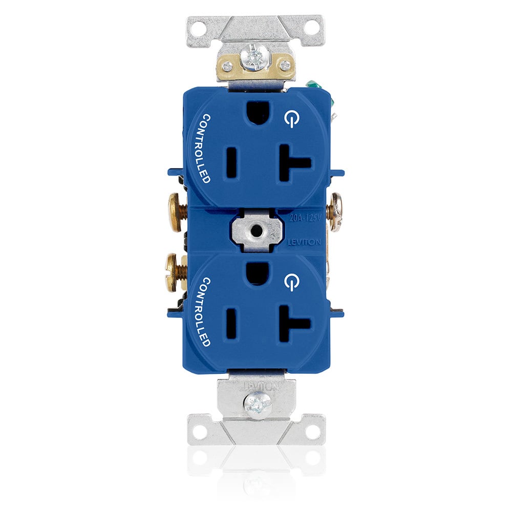 5362-S2B Heavy Duty Narrow Body Straight Blade Duplex Receptacle With 2 Plug Controlled Markings, 125 V AC, 20 A, 2 Poles, 3 Wires, Blue