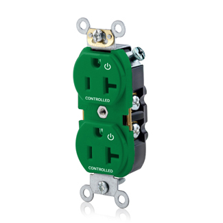 5362-S2N Heavy Duty Narrow Body Straight Blade Duplex Receptacle With 2 Plug Controlled Markings, 125 V AC, 20 A, 2 Poles, 3 Wires, Green