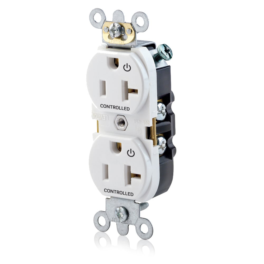 5362-S2W Heavy Duty Narrow Body Straight Blade Duplex Receptacle With 2 Plug Controlled Markings, 125 V AC, 20 A, 2 Poles, 3 Wires, White