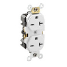 20 Amp. 250 Volt. NEMA 6-20R. 2P/3W. Industrial Series Heavy Duty Specification Grade. Duplex Receptacle. Straight Blade. Self Grounding. Back And Side 8 Hole Feed-Thru Wired. Steel Strap - White