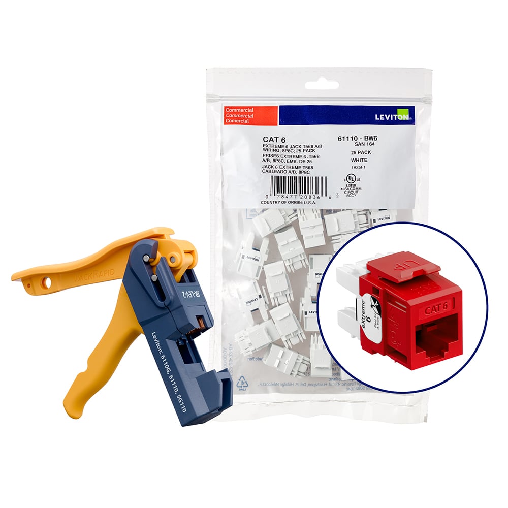 61110-JC6 eXtreme Component Rated UTP Connector With Jack Rapid Tool, Cat 6 Module, Panel Mount, Plastic, Crimson Red