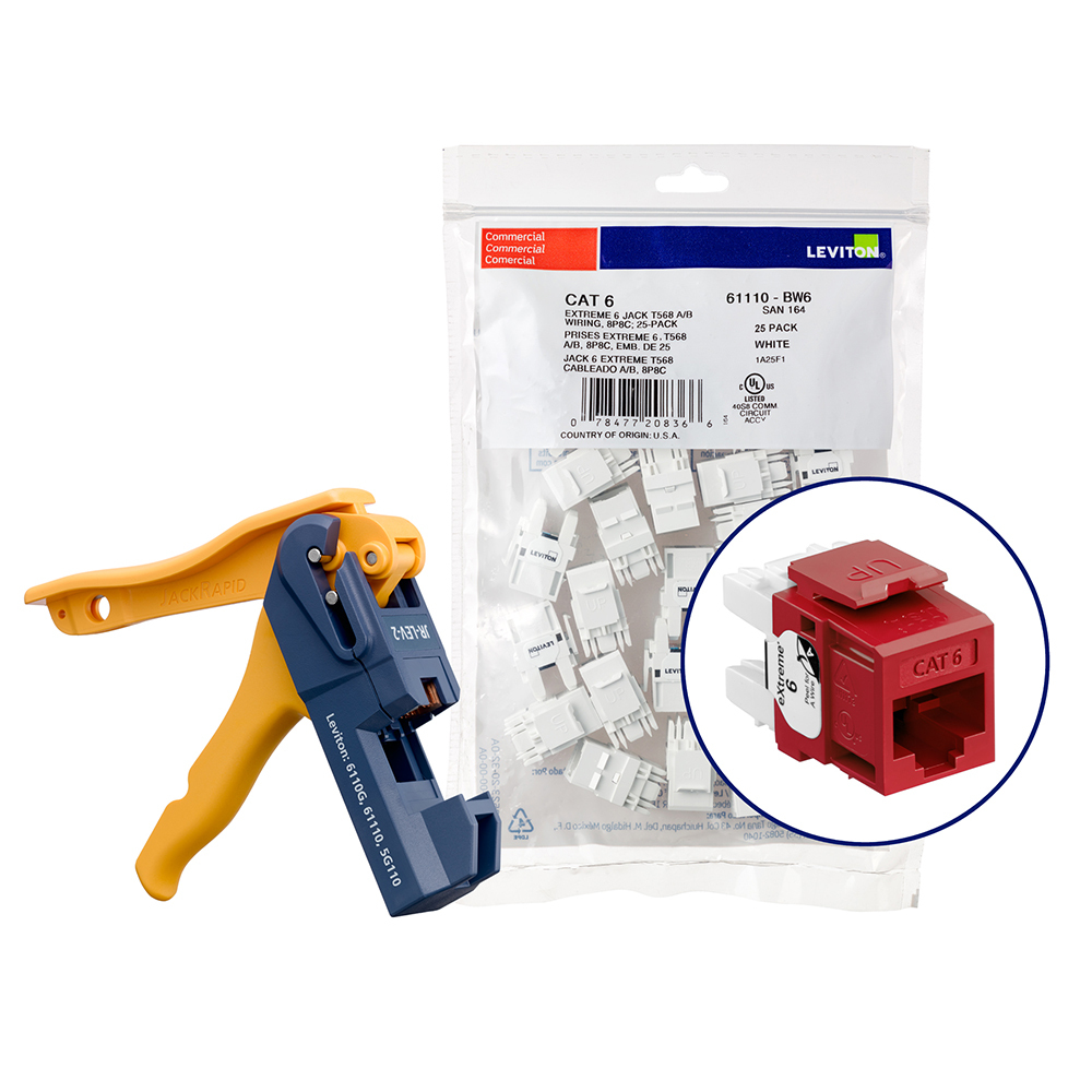 61110-JR6 eXtreme Component Rated UTP Connector With Jack Rapid Tool, Cat 6 Module, Panel Mount, Plastic, Red