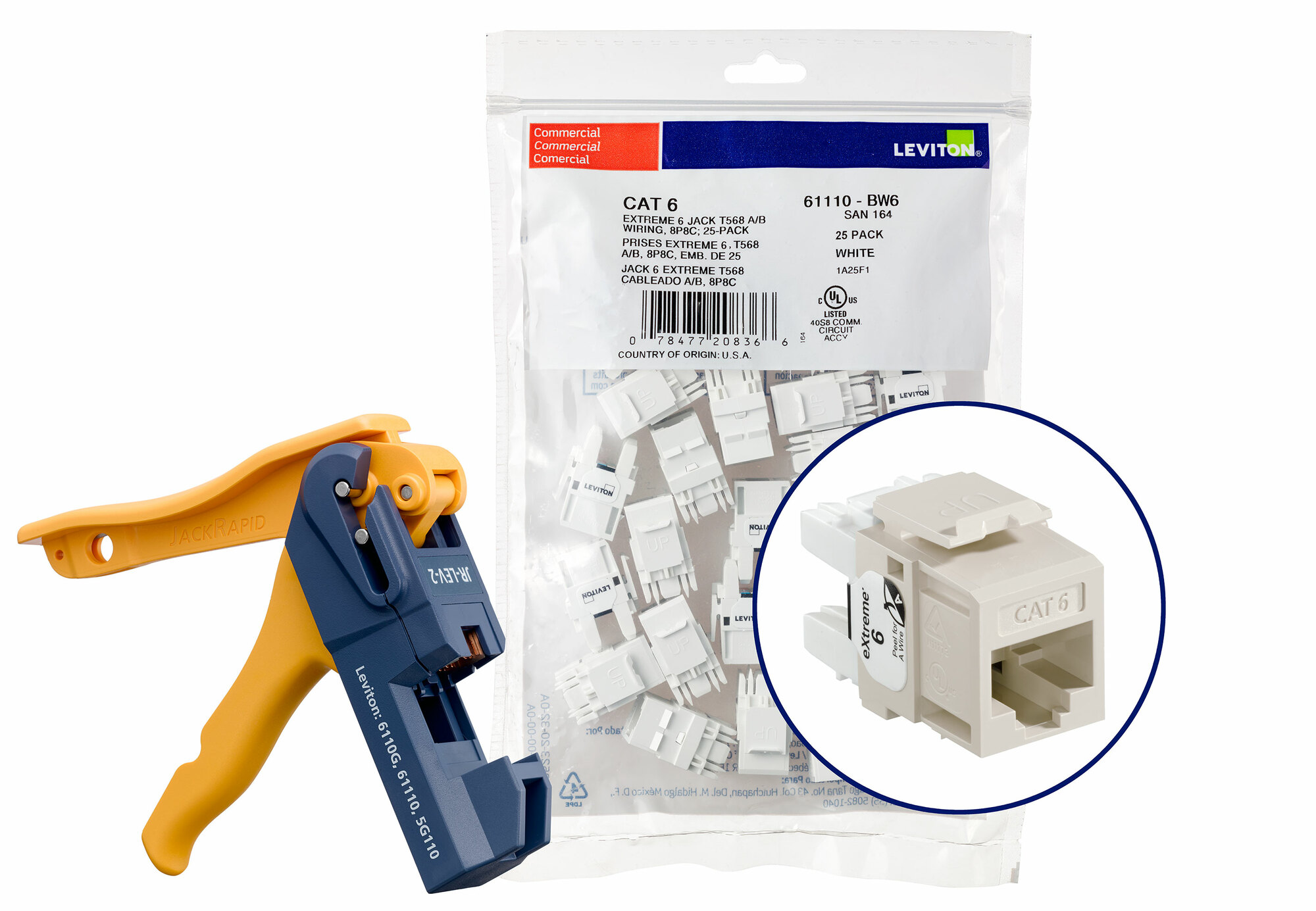 61110-JT6 eXtreme Component Rated UTP Connector With Jack Rapid Tool, Cat 6 Module, Plastic, Light Almond