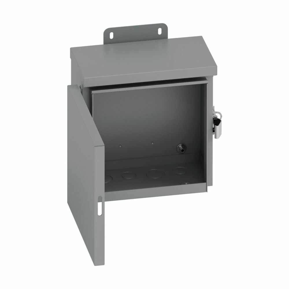 Type 3/3R panel enclosures, 6" height, 4" length, 4" width, NEMA 3R, Hinged cover, RHC enclosure, Wall mount, Small single door, 2 bottom knockouts, External mounting feet, Carbon steel
