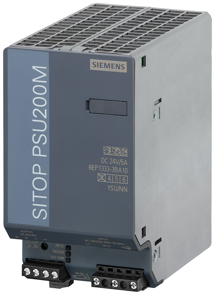 6EP13333BA10 SITOP PSU200M 1/2-Phase Stabilized Power Supply, 120/230 V AC Input, 24 VDC Output, 120 W Power Rating, 5 A, DIN Rail Mount