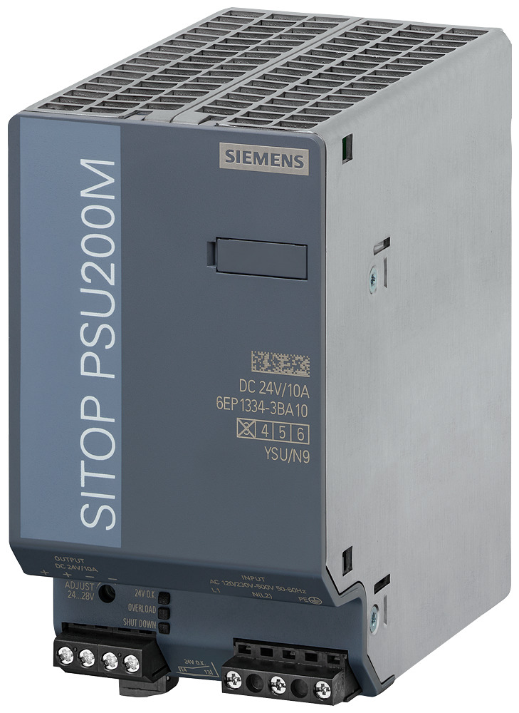 6EP13343BA10 SITOP PSU200M 1/2-Phase Stabilized Power Supply, 120/230 to 500 V AC Input, 24 VDC Output, 240 W Power Rating, 10 A, DIN Rail Mount