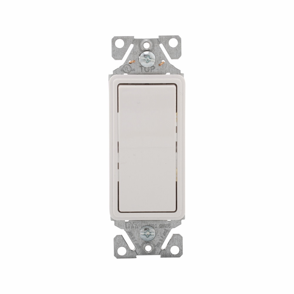 Eaton standard grade decorator switch, Auto-grounding, #14-12 AWG, 15A, Flush, 120/277V, Back/push, Decorator, Maintained, White, Motor Control, Fan, LED, Incand, ELV,MLV,CFL, Florscnt, Halogen, Single-pole, Thermoplastic 737329
