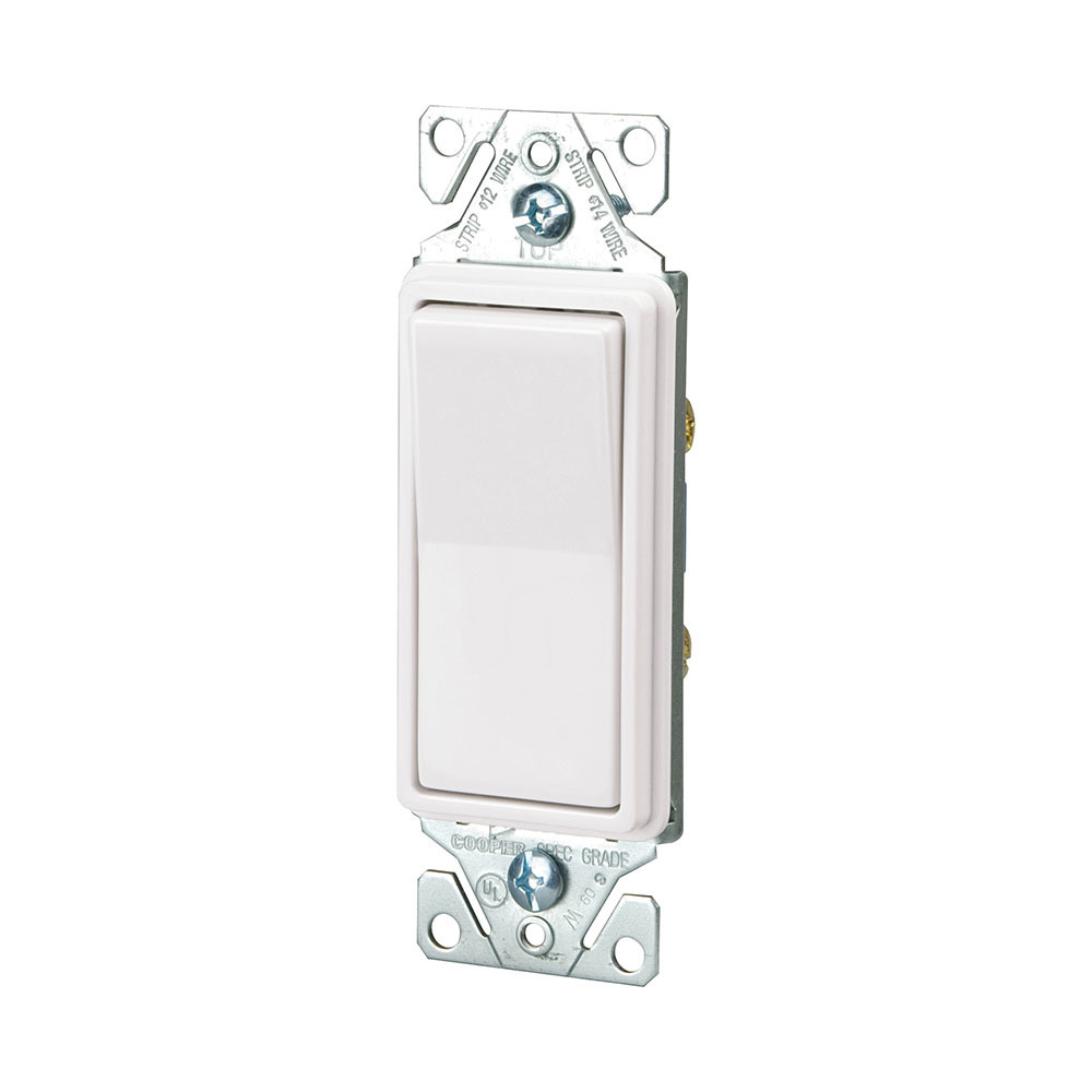 Eaton commercial grade decorator switch, Box, #14-12 AWG, 15A, Flush, 120/277V, Back/side/push, Decorator, Momentary, White, Motor Control, Fan, LED, Incand, ELV,MLV,CFL, Florscnt, Halogen, Single-pole, two-position, Thermoplastic 612046