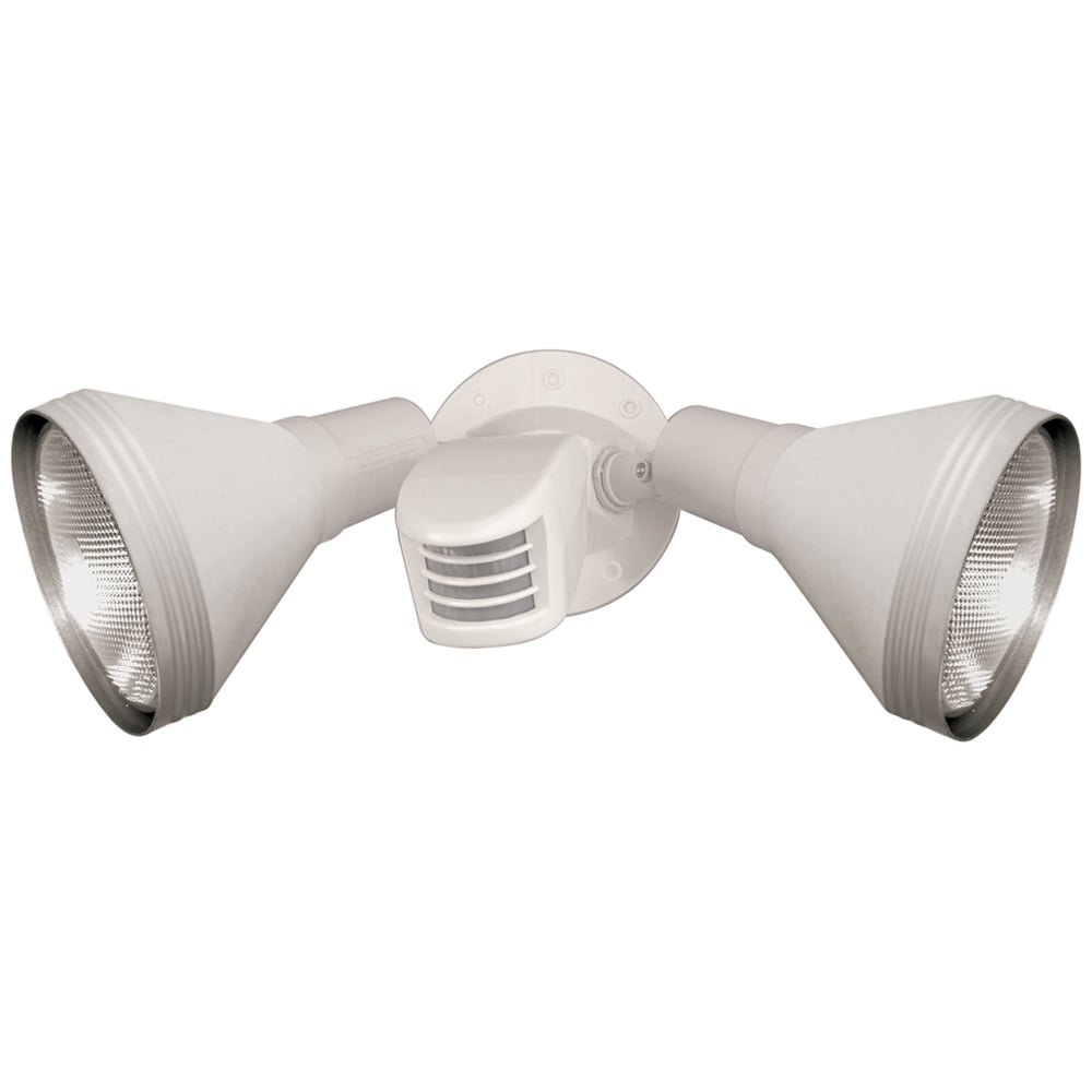 76-530 Exterior Traditional Utility Floodlight Fixture With Adjustable Swivel and Motion Sensor, (2) Halogen Lamp, 150 W Fixture, 120 VAC, White Housing