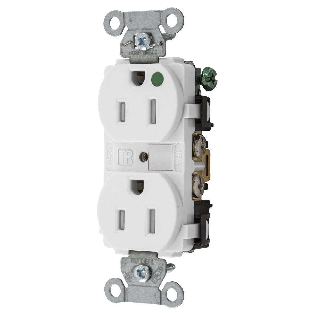 8200WTRA Hubbell-Pro 1-Phase Duplex Heavy Duty Standard Tamper Resistant Screw Mount Straight Blade Receptacle, 125 V AC, 15 A, 2 Poles, 3 Wires, White