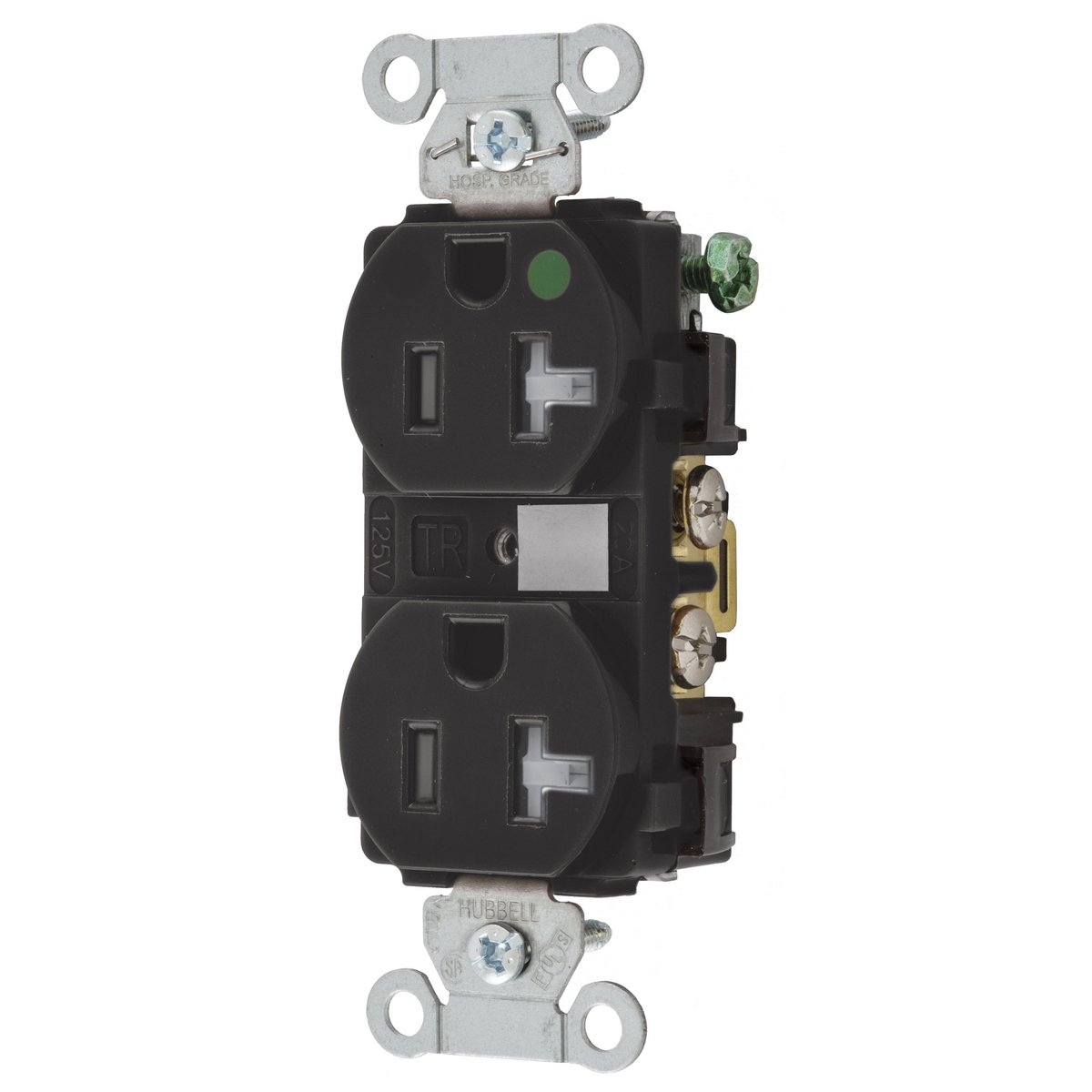 8300BKTRA Hubbell-Pro 1-Phase Duplex Grounding Heavy Duty Standard Tamper-Resistant Screw Mount Straight Blade Receptacle, 125 V AC, 20 A, 2 Poles, 3 Wires, Black