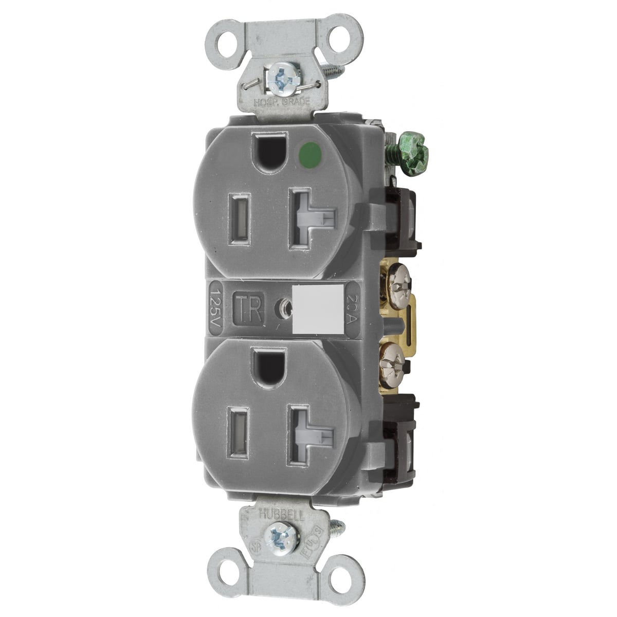 8300GYTRA 1-Phase Duplex Grounding Heavy Duty Standard Tamper-Resistant Screw Mount Straight Blade Receptacle, 125 V AC, 20 A, 2 Poles, 3 Wires, Gray