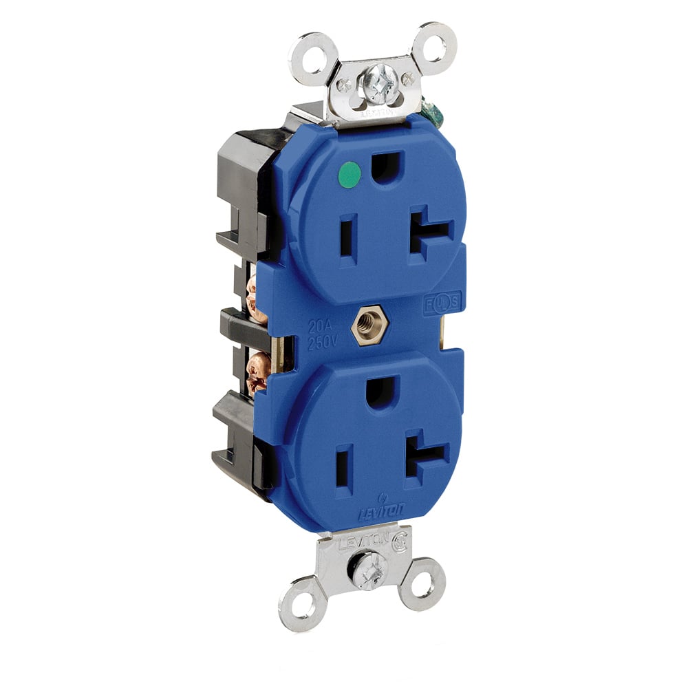 8300-HBU Duplex Heavy Duty Self-Grounding Straight Blade Receptacle, 125 V AC, 20 A, 2 Poles, 3 Wires, Blue