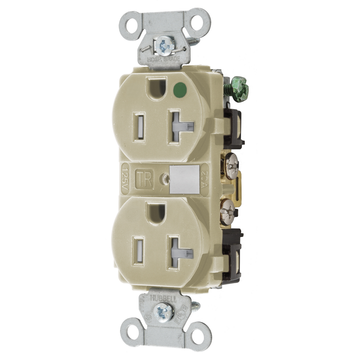 8300IVTRA 1-Phase Duplex Heavy Duty Standard Tamper-Resistant Screw Mount Straight Blade Receptacle, 125 V AC, 20 A, 2 Poles, 3 Wires, Ivory