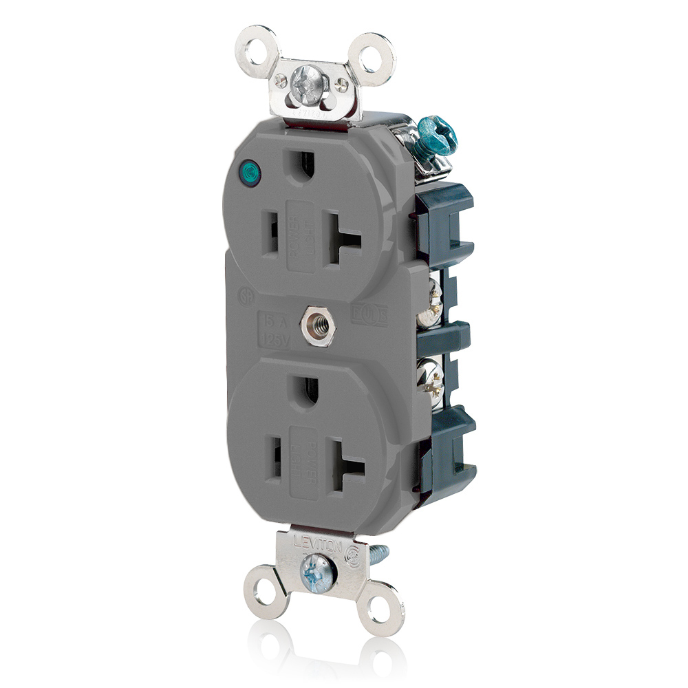 8300-PLG Duplex Straight Blade Receptacle, 125 V AC, 20 A, 2 Poles, 3 Wires, Gray