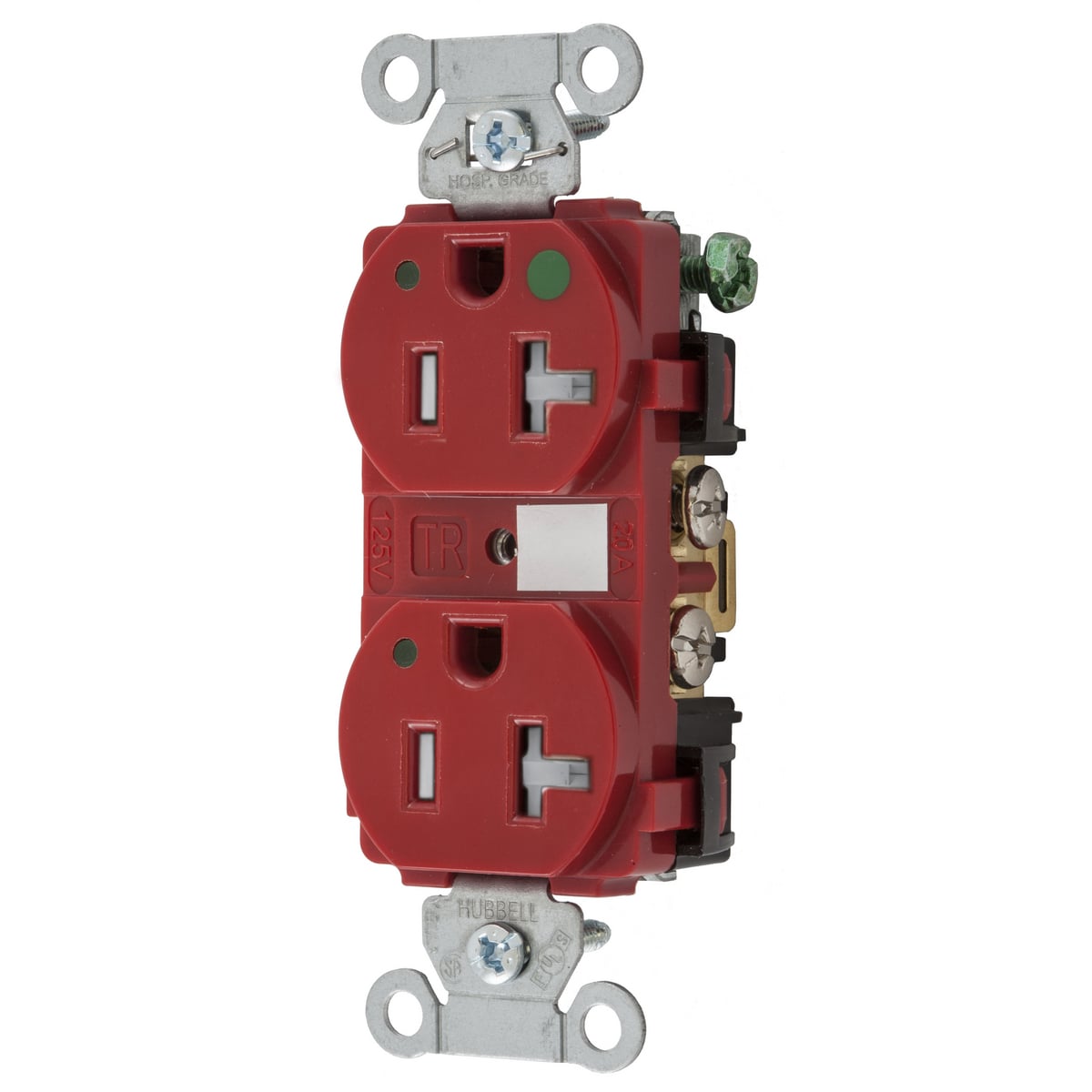 8300REDLTRA 1-Phase Duplex Grounding Heavy Duty Standard Tamper-Resistant Screw Mount Straight Blade Receptacle With Power Indicating LED, 125 VAC, 20 A, 2 Poles, 3 Wires, Red