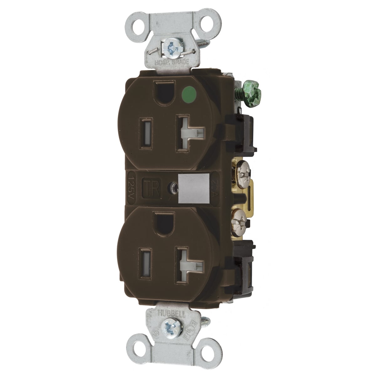 8300TRA 1-Phase Duplex Grounding Heavy Duty Standard Tamper-Resistant Screw Mount Straight Blade Receptacle, 125 V AC, 20 A, 2 Poles, 3 Wires, Brown