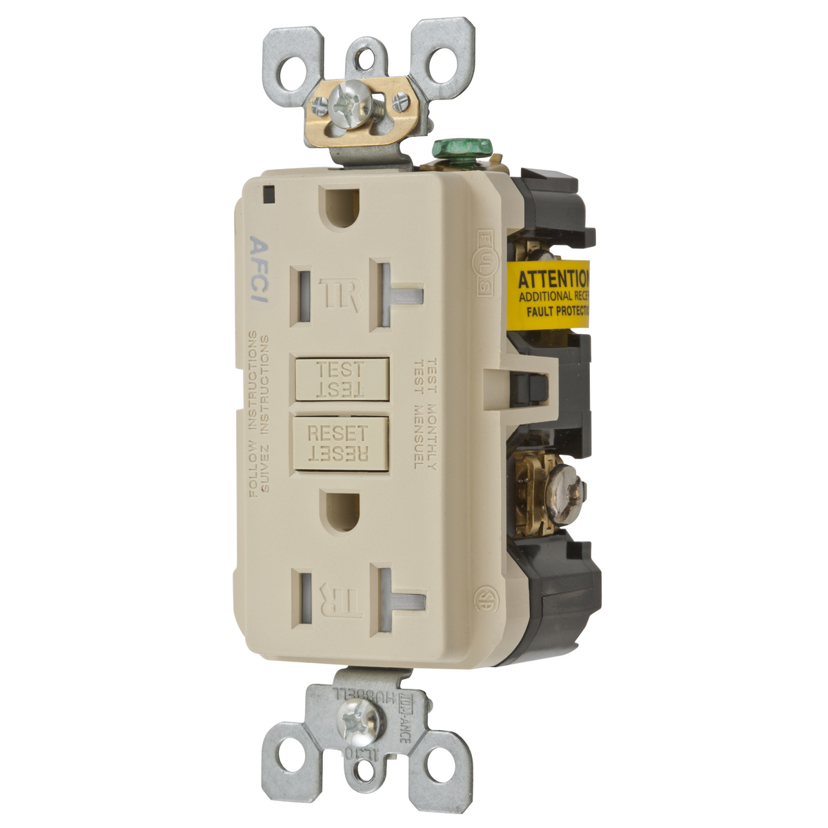 AFR20TRI Decorator Duplex Standard Tamper Resistant Screw Mount Arc Fault Receptacle, 125 V AC, 20 A, 2 Poles, 3 Wires, Ivory