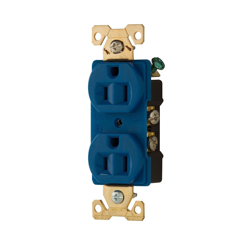 Eaton Arrow Hart extra heavy-duty industrial specification grade duplex receptacle, #14-10 AWG, 15A, Industrial, Flush, 125V, Back and side, Blue, Brass, Nylon, 5-15R, Duplex, Screw, Nylon, Core pack