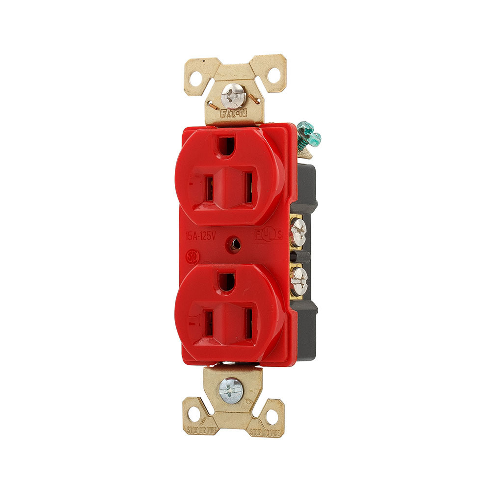 AH5252RD Arrow Hart Auto Grounding Duplex/Single Standard Straight Blade Receptacle, 125 V AC, 15 A, 2 Poles, 2 Wires, Red