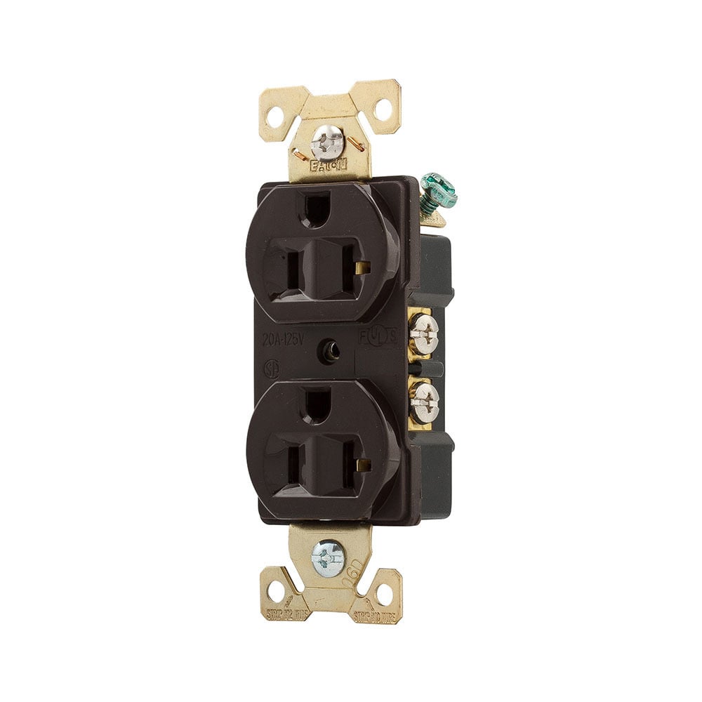 Eaton Arrow Hart extra heavy-duty industrial specification grade duplex receptacle, #14-10 AWG, 20A, Industrial, Flush, 125V, Back and Side, Brown, Brass, Nylon, 5-20R, Duplex, Screw, Nylon, Core pack