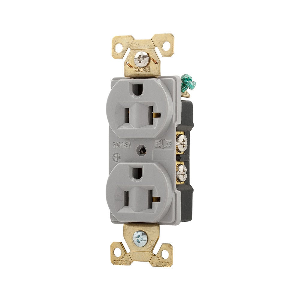 Eaton Arrow Hart extra heavy-duty industrial specification grade duplex receptacle, #14-10 AWG, 20A, Industrial, Flush, 125V, Back and Side, Gray, Brass, Nylon, 5-20R, Duplex, Screw, Nylon, Core pack