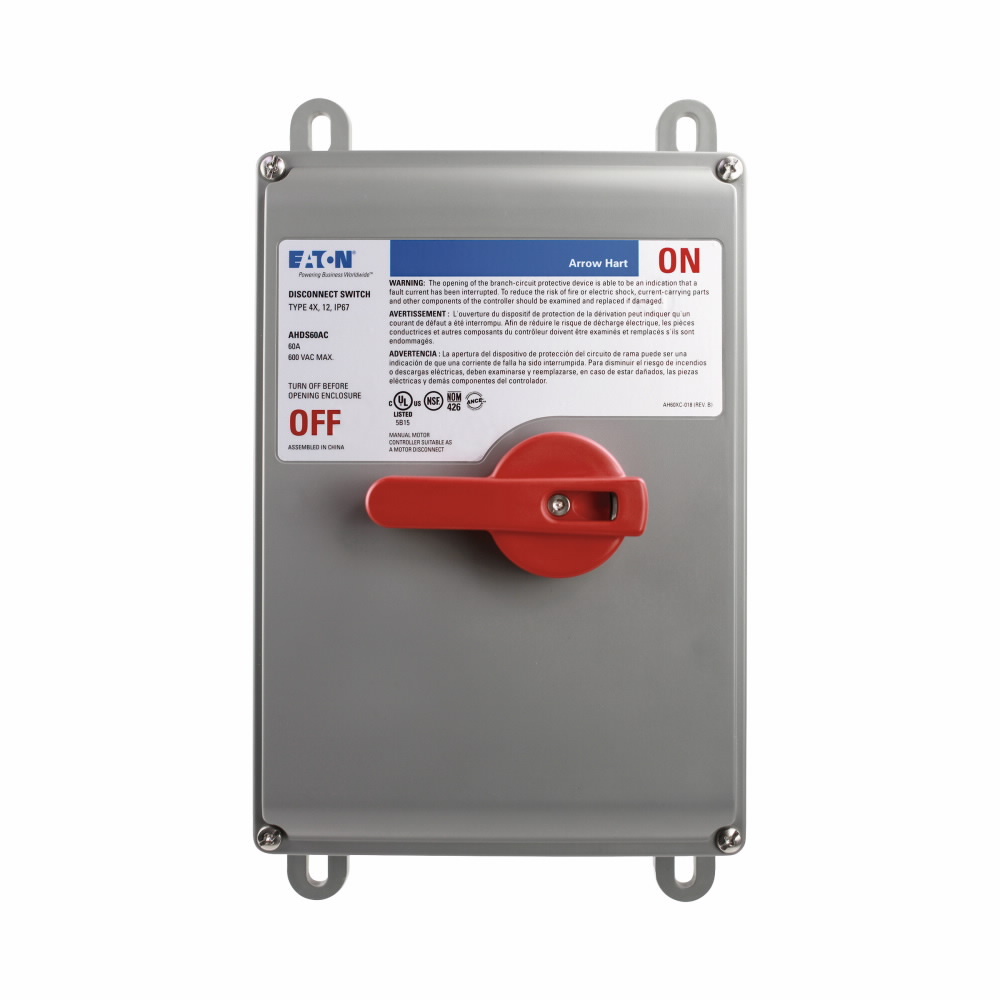 Eaton standard grade motor control disconnect switch, Non-fused, 60A, Flush or offset mounting, 600V, Auxiliary contact, Thermoplastic, Washdown environments, Three-pole, Three-phase, 4X{NR9}