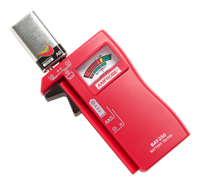 BAT-250 1-Handed Battery Tester, 375 mA at 9 V AC, 40 mA at 1.5 V AC, 4/215 Ohm, 9V/AAA/AA/C/D/Button/Coin