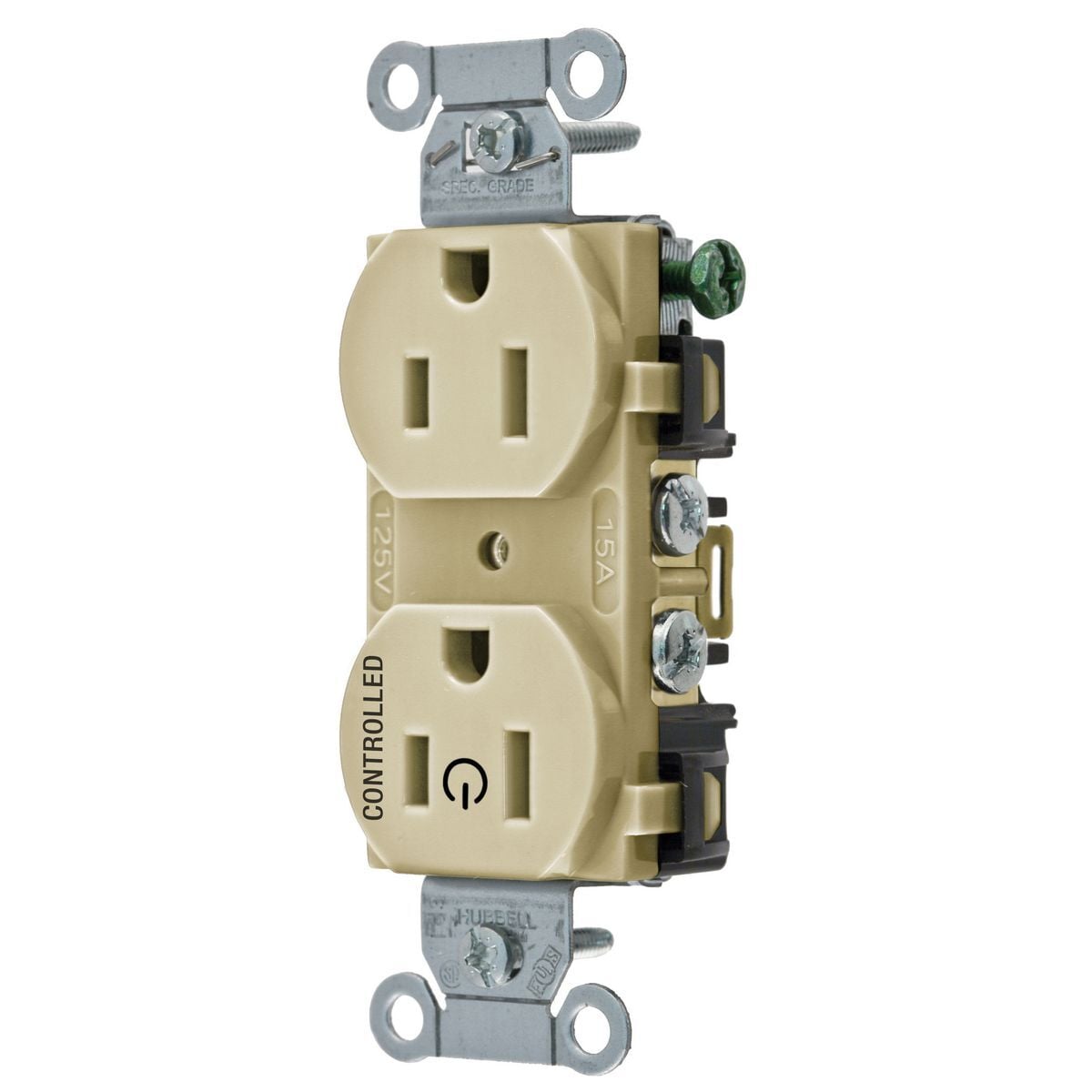 BR15C1I 1-Phase Duplex 1-Controlled Face Standard Traditional Screw Mount Straight Blade Receptacle, 125 V AC, 15 A, 2 Poles, 3 Wires, Ivory