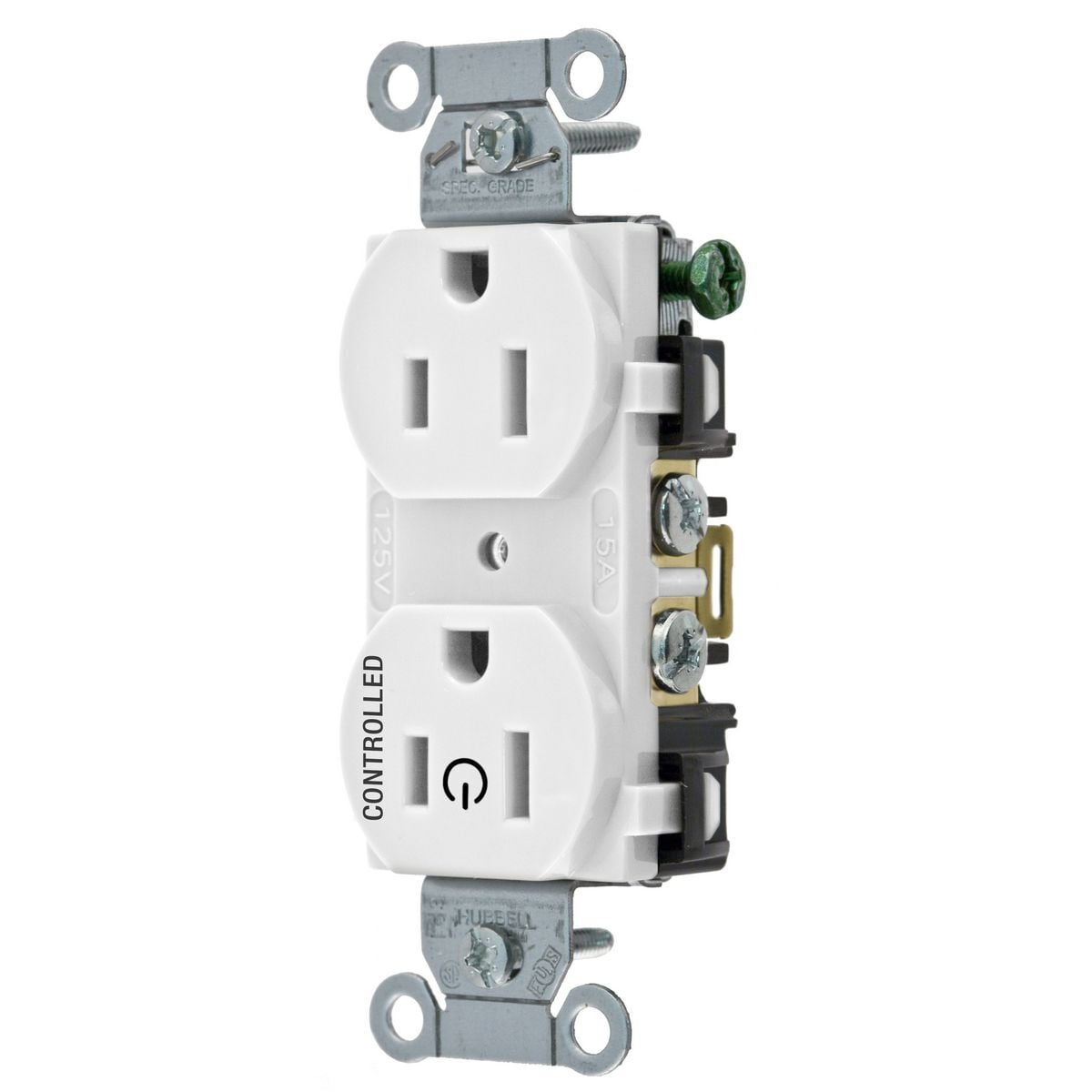 BR15C1WHI 1-Phase Duplex 1-Controlled Face Standard Traditional Screw Mount Straight Blade Receptacle, 125 V AC, 15 A, 2 Poles, 3 Wires, White
