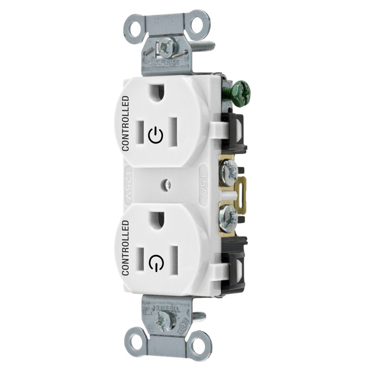BR15C2WHI Duplex Two Controlled Face Standard Traditional Straight Blade Receptacle, 125 V AC, 15 A, 2 Poles, 3 Wires, White