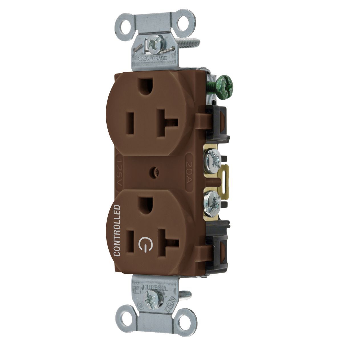 BR20C1 1-Phase Duplex 1-Controlled Face Grounding Standard Traditional Screw Mount Straight Blade Receptacle, 125 V AC, 20 A, 2 Poles, 3 Wires, Brown