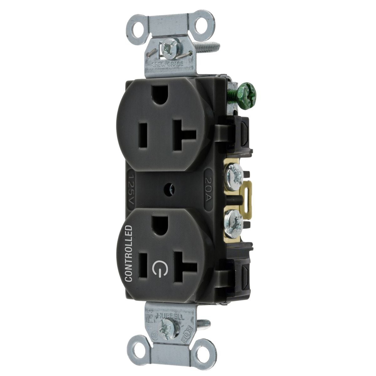 BR20C1BLK Duplex 1-Controlled Face Grounding Standard Traditional Screw Mount Straight Blade Receptacle, 125 V AC, 20 A, 2 Poles, 3 Wires, Black
