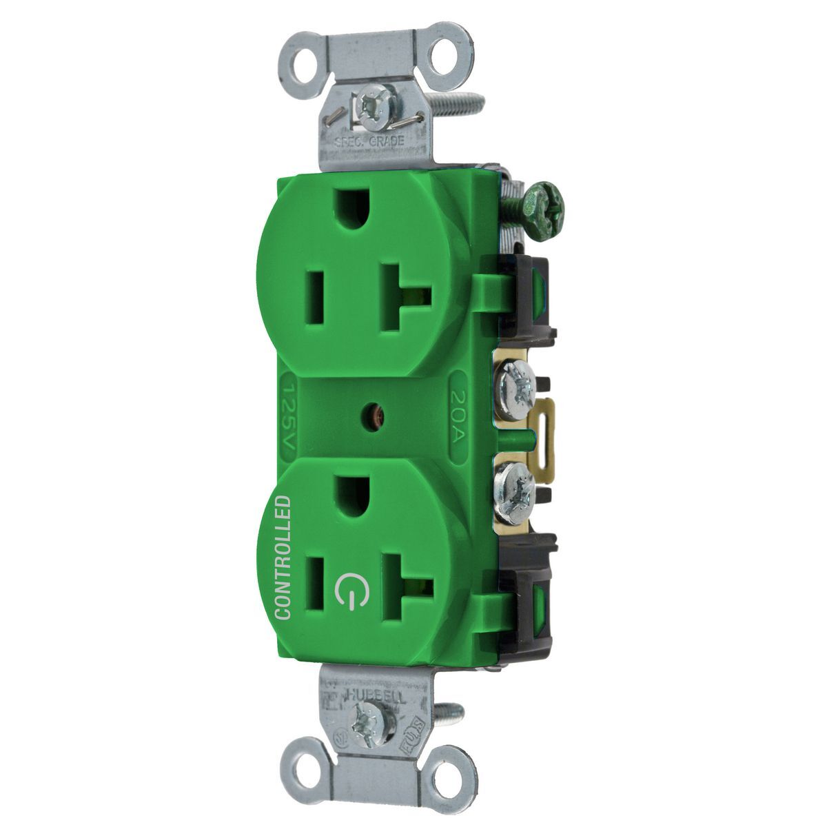 BR20C1GN 1-Phase Duplex 1-Controlled Face Grounding Standard Traditional Screw Mount Straight Blade Receptacle, 125 V AC, 20 A, 2 Poles, 3 Wires, Green