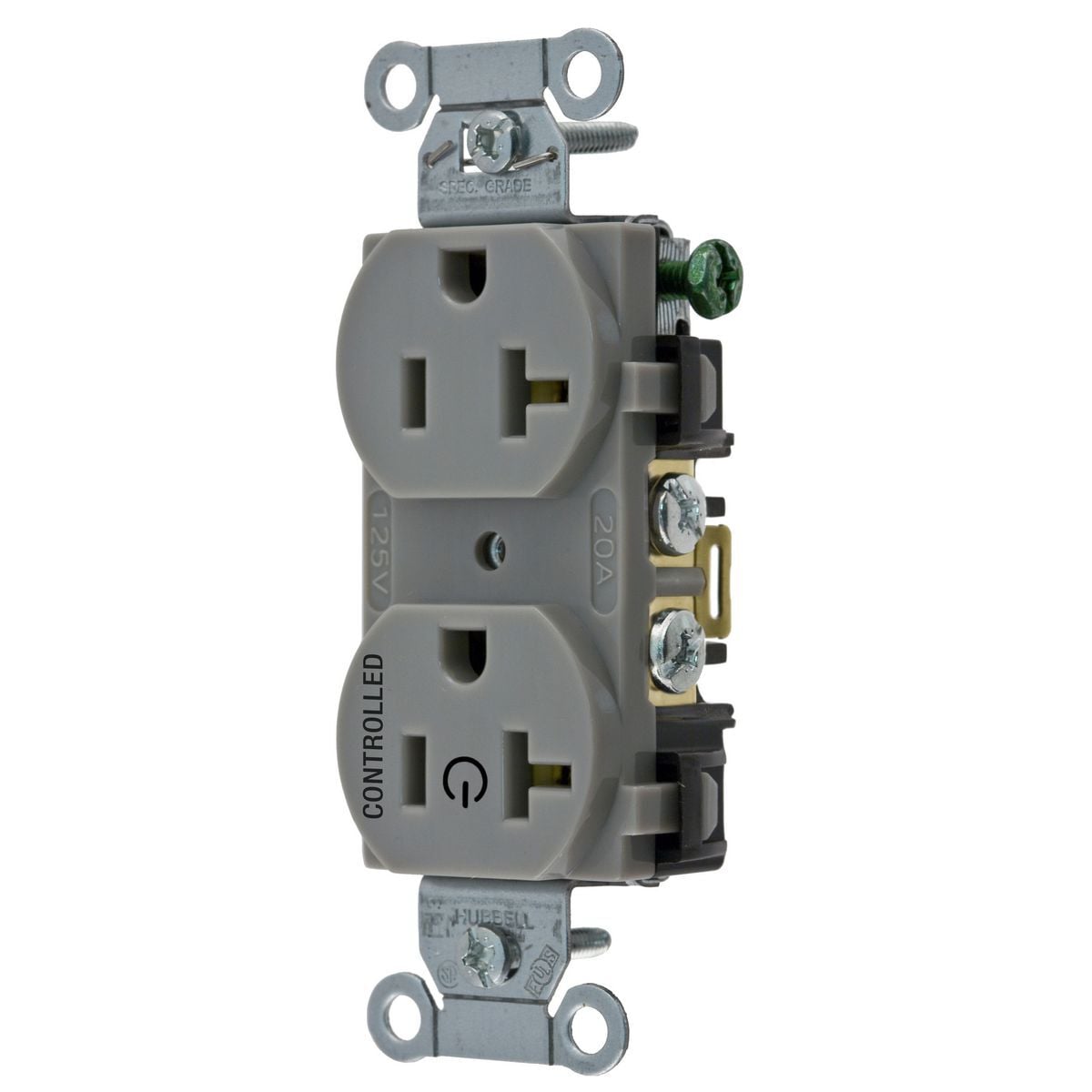 BR20C1GRY 1-Phase Duplex 1-Controlled Face Grounding Standard Traditional Screw Mount Straight Blade Receptacle, 125 V AC, 20 A, 2 Poles, 3 Wires, Gray