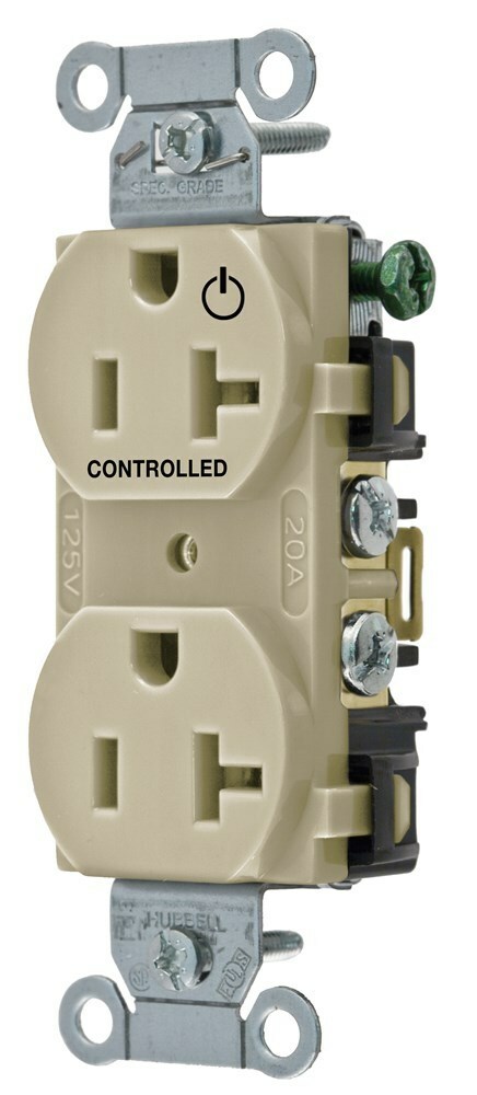BR20C1I 1-Phase Duplex 1-Controlled Face Grounding Standard Traditional Screw Mount Straight Blade Receptacle, 125 V AC, 20 A, 2 Poles, 3 Wires, Ivory