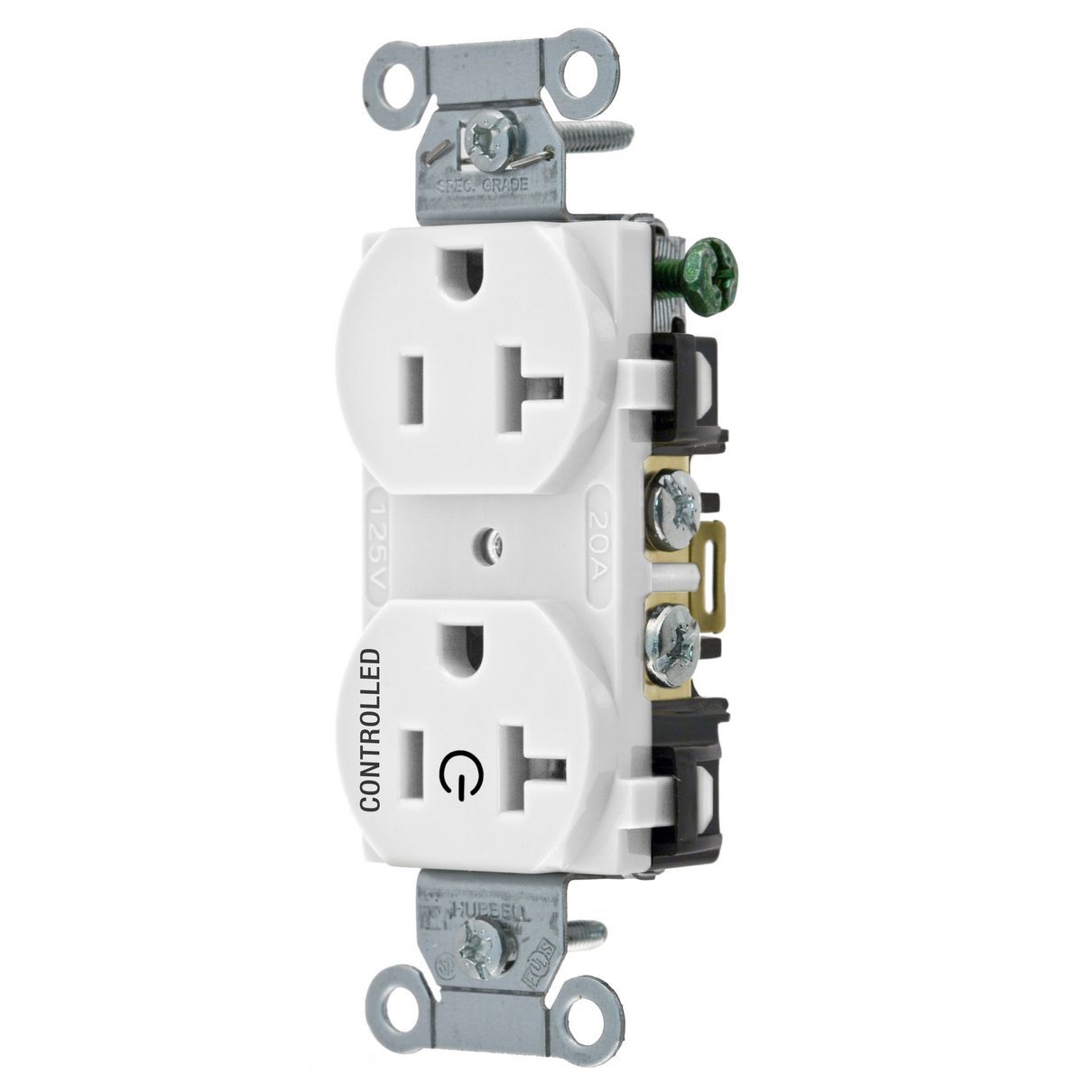 BR20C1WHI 1-Phase Duplex 1-Controlled Face Grounding Standard Traditional Screw Mount Straight Blade Receptacle, 125 V AC, 20 A, 2 Poles, 3 Wires, White