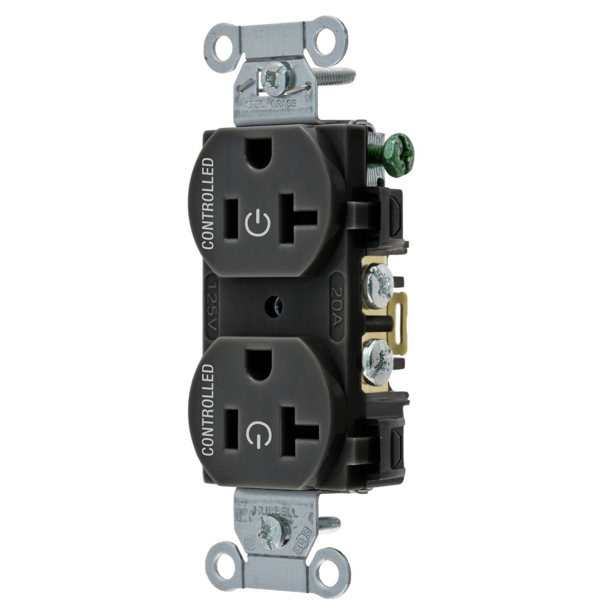 BR20C2BLK 1-Phase Duplex 2-Controlled Face Grounding Standard Traditional Screw Mount Straight Blade Receptacle, 125 V AC, 20 A, 2 Poles, 3 Wires, Black