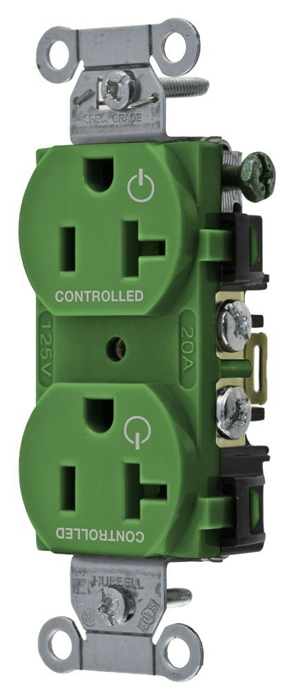 BR20C2GN 1-Phase Duplex 2-Controlled Face Standard Traditional Screw Mount Straight Blade Receptacle, 125 V AC, 20 A, 2 Poles, 3 Wires, Green