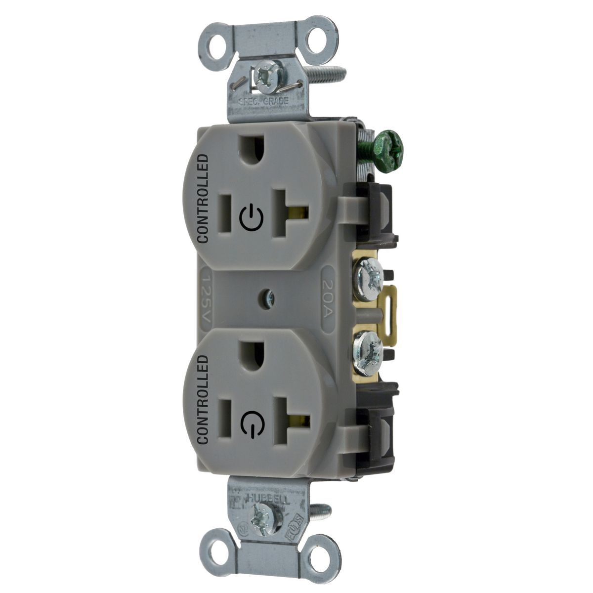 BR20C2GRY 1-Phase Duplex 2-Controlled Face Standard Traditional Screw Mount Straight Blade Receptacle, 125 V AC, 20 A, 2 Poles, 3 Wires, Gray