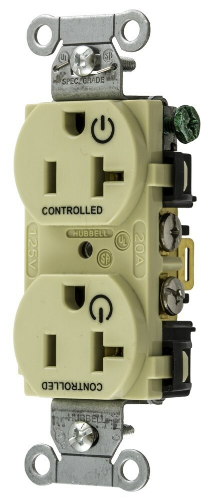BR20C2I 1-Phase Duplex 2-Controlled Face Standard Traditional Screw Mount Straight Blade Receptacle, 125 V AC, 20 A, 2 Poles, 3 Wires, Ivory